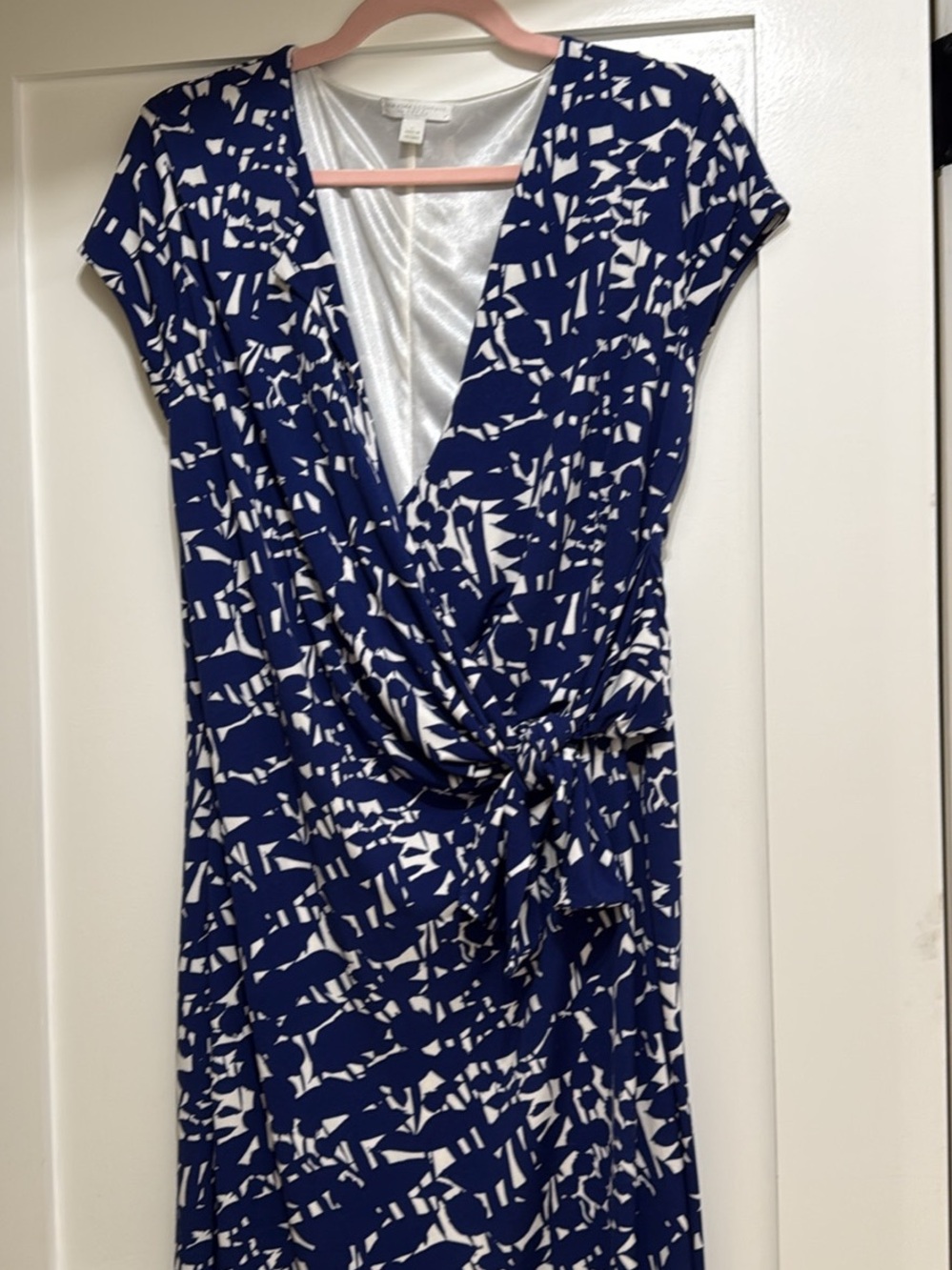 New York & Company Blue and White Abstract Wrap Dress